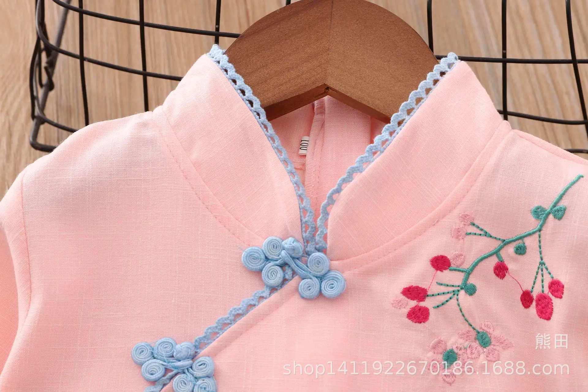 Spring Summer New Style Children Chinese Clothing Cotton Linen Short Sleeve CHILDREN'S Suit Chinese-style Handmade Frog Girls Ch