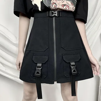 

NCLAGEN Harajuku High Waist Cargo Skirt 2020 Women Pockets Gothic Black Zip Skirts Summer Punk Bag Skirts A Line Club Clothes