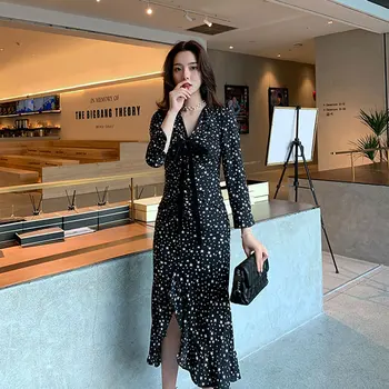 

Beach Polka Dot Dress V-neck Black Front Split Boho Dress Elegant Sweet Early Autumn Long Sleeve Seaside Holiday Bow Clothes