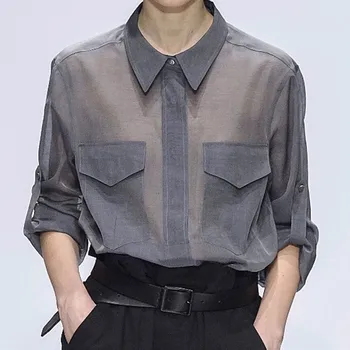 

Women Silk and Cotton Shirt White Grey Autumn 2020 New Soft Breathable Business Casual Blouse Long Sleeve Double Pockets Design