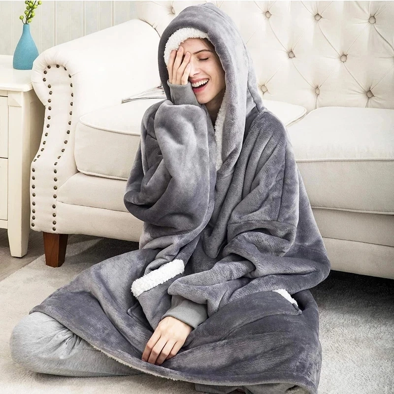 Manta de televisión de lana gruesa y cómoda para adultos, con capucha y mangas, con bolsillo, suave y cálida, para invierno
