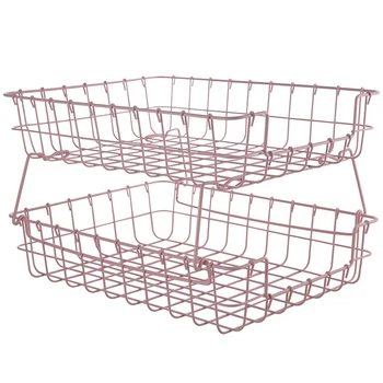 

NHBR-Dual Layer Pink Wrought Iron Stackable Storage Basket Home Desktop Cosmetics Finishing Basket Office Paper Organizer Cleave
