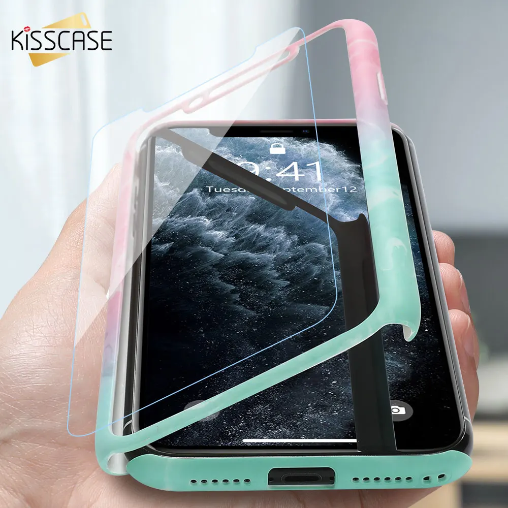 Чехол KISSCASE с полной защитой для iPhone 11PRO чехол X 8 11 XR XS MAX 6 мраморный 7 со стеклом |