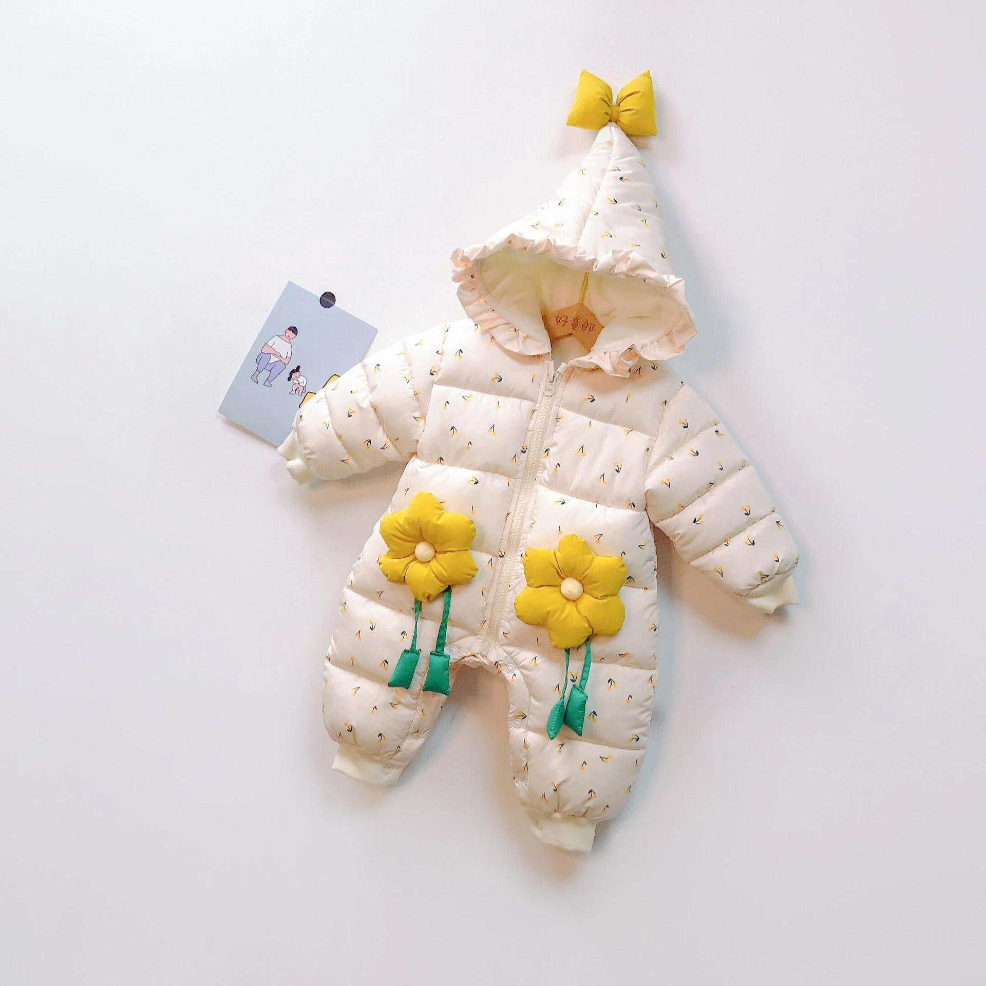 Thick Warm Baby Girls Romper Outerwear Lovely Floral Princess Parkas Wool Liner Infant Baby Snowsuit Jumpsuit - Цвет: Цвет: желтый