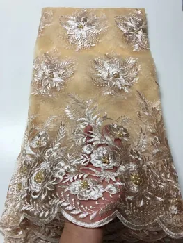 

High Quality gold beadeds African Lace Fabric New Silk French Lace Fabric for Wedding dress 5 yards /lot FFYIJ21