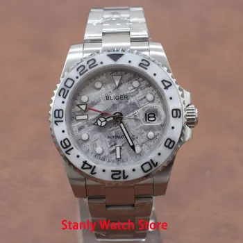 

Solid Bliger 40mm Grey Dial Luminous Marks White Ceramic Bezel GMT Function Stainless-Steel Band Automatic Movement Men's Watch