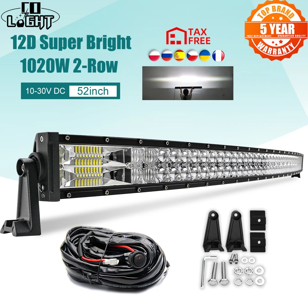 US $16.02 CO LIGHT Curved Led Light Bar 12V 52inch 1020W Led Work Light 2Row Combo Beam For Car 4WD ATV SUV UTV Trucks 4x4 Motorcycle 24V
