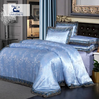 

Liv-Esthete Blue Bedding Set Decor Lace Jacquard Duvet Cover 100% Cotton Flat Sheet Elastic Band Fitted Sheet Adult Euro Linen