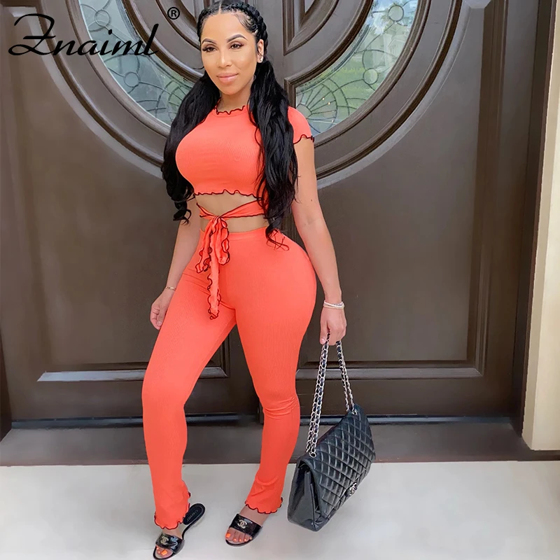 

Znaiml Women Solid Two Pieces Set Rufflers O-neck Short Sleeve Hollow Out Bandage Crop Top And High Waist Trousers Outfit Sports