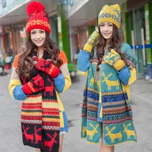 Рождественский подарок олененок из трех частей, шарф, шапка, перчатка, три части, зимний теплый плюшевый костюм, хлопок, женская шапочка, шапочки для женщин, шапки