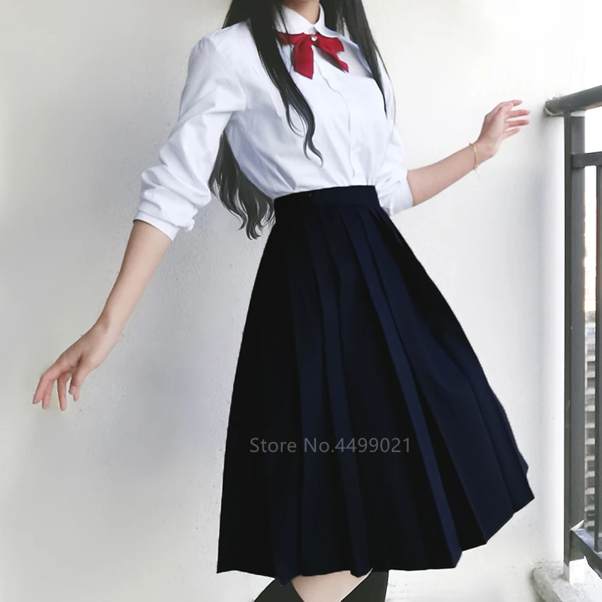 Japanese School Uniforms Girls Solid Color High Waist Pleated Skirt Long JK Suit Black Grey High School Student Women Clothes japanese school uniform japanese schoolgirl skirt japanese women dress