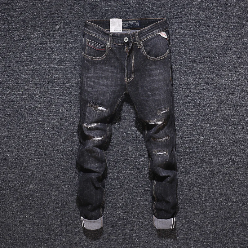 

Fashion Streetwear Men Jeans Black Color Destroyed Ripped Jeans Men Denim Pants Vintage Patchwork Designer Hip Hop Jeans Homme
