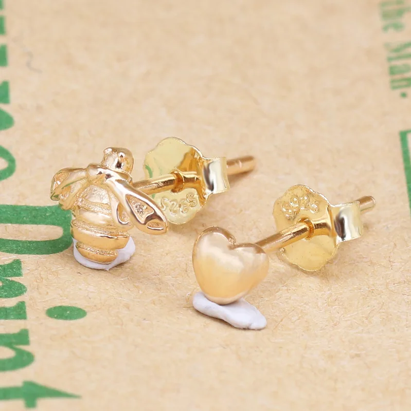 

Original 925 Sterling Silver Earring Beautiful Gold Love And Bee Earrings For Women Wedding Gift Fashion Jewelry