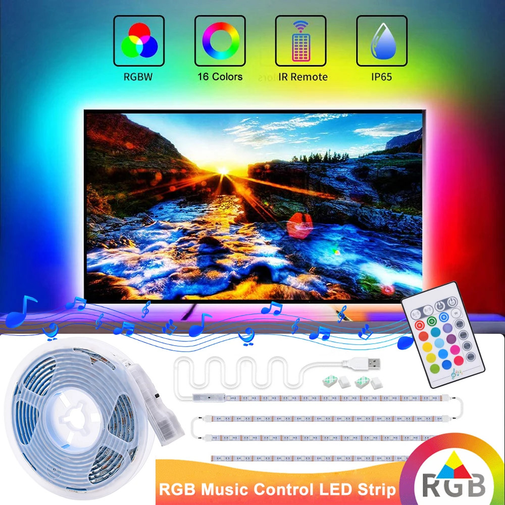 

LED TV Backlight 6.56ft 9.84ft RGB 5050SMD Music Control Colors Changing LED Strip Lights with Remote 5V USB Powered LED Light