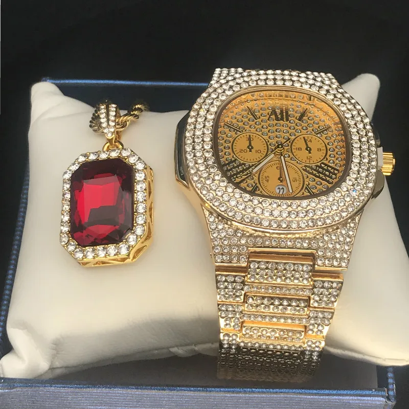 Серебристый Роскошные мужские бриллиантовые золотые часы хип-хоп Iced Out кубинские часы с бриллиантами и красным Рубином ожерелье и кольцо комбинированный набор рэпер мужские ювелирные изделия - Цвет: Серебристый