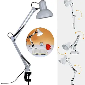 

E27 LED Table Light Desk Lamp Swing Arm Bedside Lamp Reading Study Clamp White Bedroom Toggle Switch Adjustable Lighting Lights
