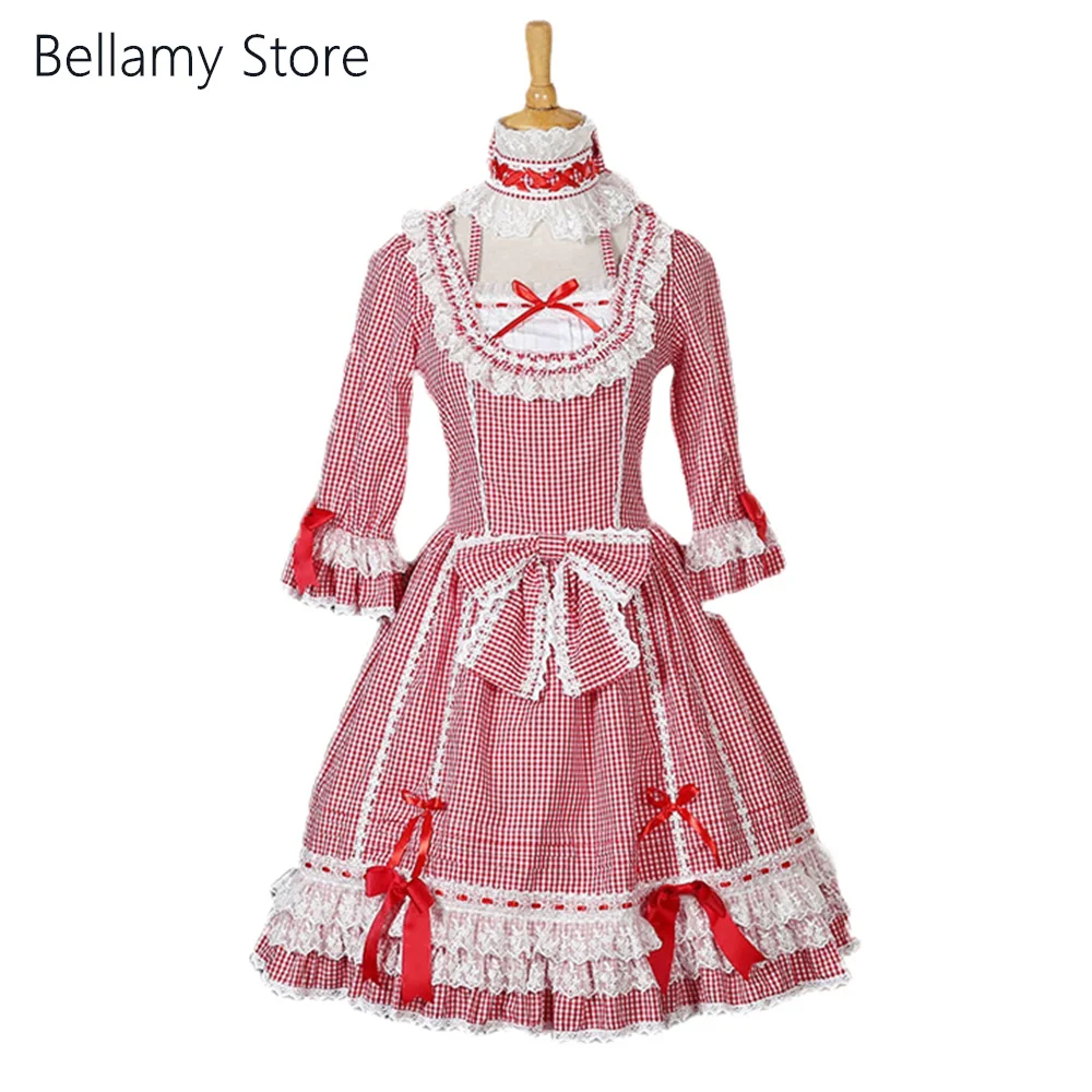 

Made for you Customized Classic Lolita Red and white check Lace Sweet OP Dress