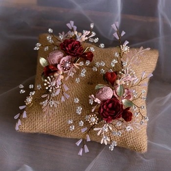 

2 Pcs Red Flower Hair Pins Handmade Crystal Leaf Headband Headband Floral Women Wedding Bridal Hair Accessories Ornaments