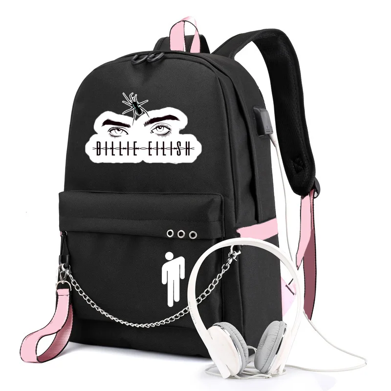 IMIDO Billie Eillish рюкзаки для девочек зарядка через Usb школьная сумка карамельный цвет рюкзак для учащихся обратно в школьные сумки - Цвет: Black E