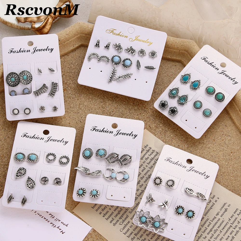 

Vintage MOON Geometric Crown Stud Earrings Set For Women Girls Bead Stone Flower Small Earrings Boucle d'oreille Femme Gifts