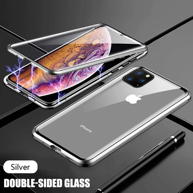 Luxury Phone Case For IPhone X XR XS 6 6S 7 8 11 12 13 Plus Mini SE Pro MAX 2020 360 Double Glass Shell Magnetic Adsorption Case Silver