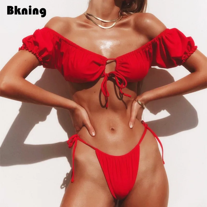 

Bkning Short Sleeve Bikini Bathing Suit Women Red Thong Bikinis Set 2020 Summer Beach String Swim Wear Mujer 2 Piece Biquini