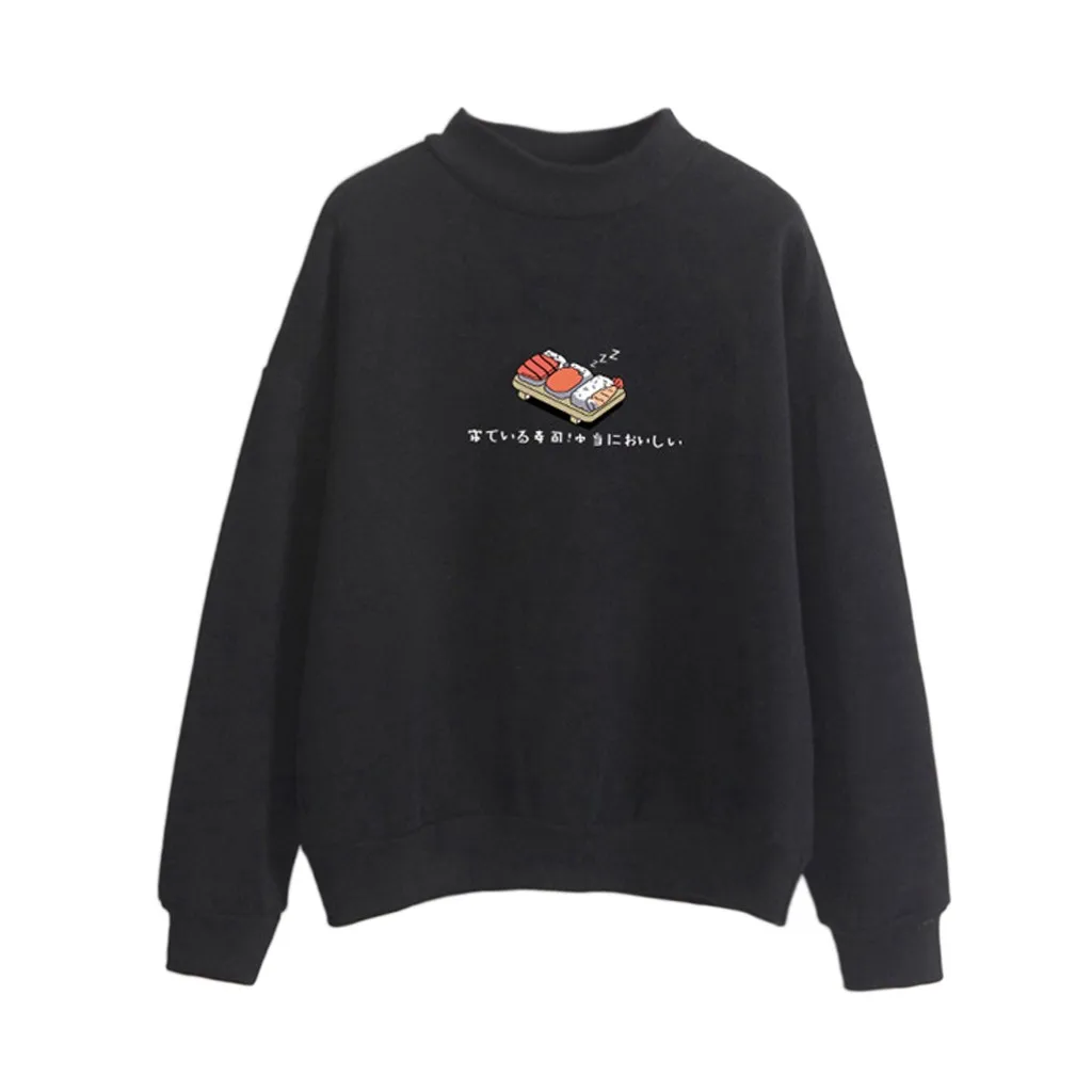 JAYCOSIN Fashion Women Casual Simple Sushi Printed Hooded Loose Sweatshirt Comfortable Soft Sweet Cute Pullover Top Blouse
