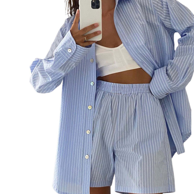 Women 2 Pieces Suit Set, Female Striped/ Plaid Turn-Down Collar Long Sleeve Shirt+ Short Pants for Spring Autumn
