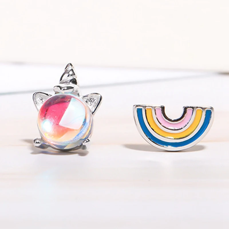 Серебряные серьги, ослепительные серьги-гвоздики в виде единорога, 925, асимметричные радужные серьги-гвоздики для женщин и девушек, милые ювелирные изделия, вечерние, подарок