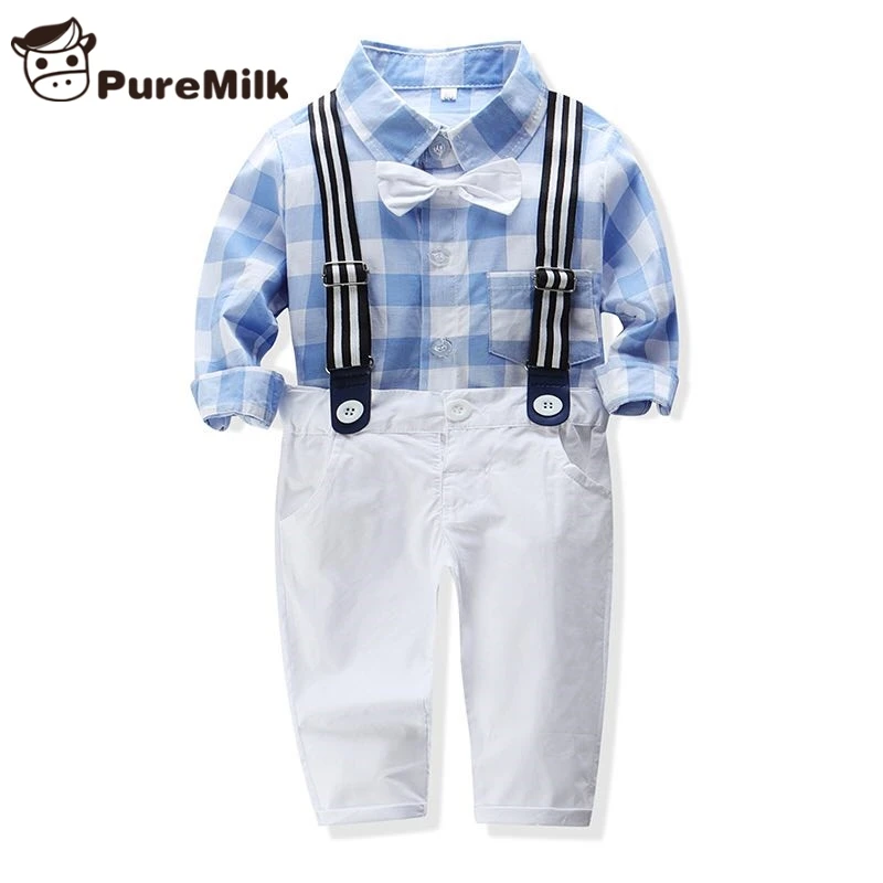 PureMilk/розовый комплект одежды в клетку для маленьких мальчиков, рубашка+ штаны+ бант+ ремень, комплект повседневной одежды, одежда для маленьких мальчиков
