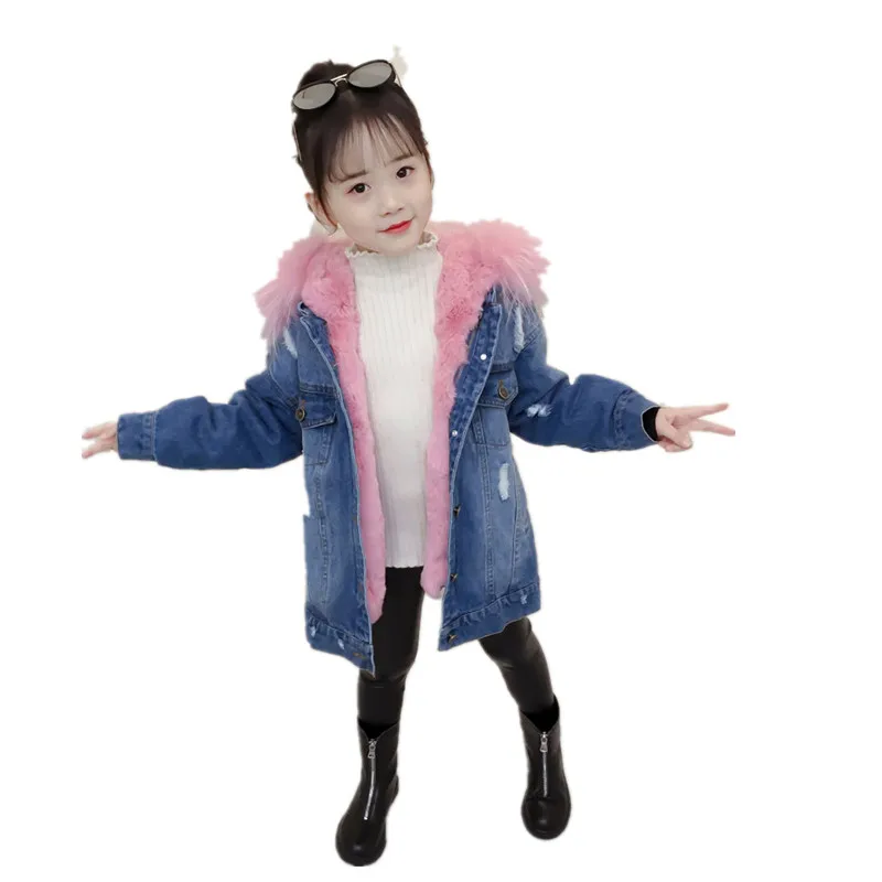 New Winter Baby Girl Denim Jacket Plus Velvet Real Fur Warm Toddler Girl Outerwear Coat 3-12 Years Kids Infant Girl Parka