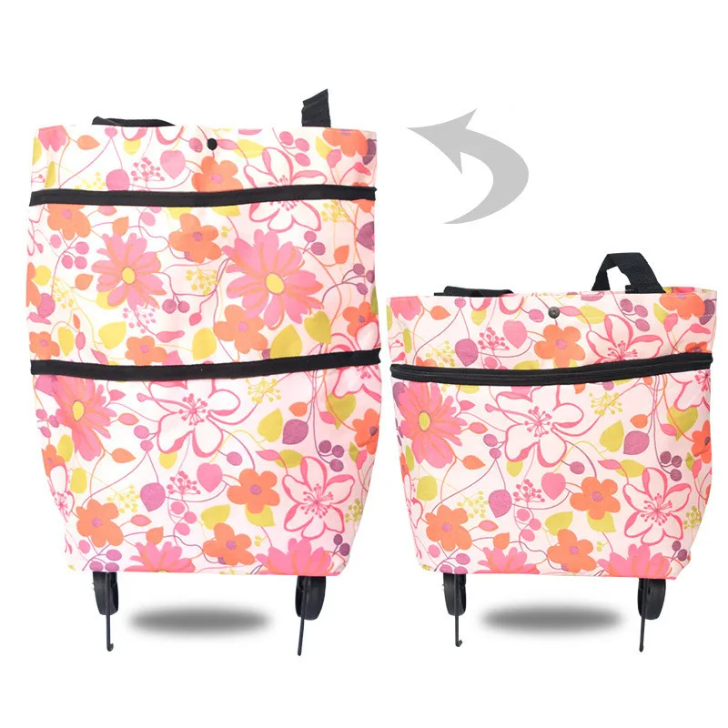 Портативная тележка для шоппинга, сумка на колесиках, складная тележка, сумка для покупок, сумка для овощей, складной органайзер для еды на колесиках - Цвет: pink-flower