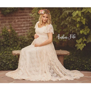 

European and American women's lace pregnant women ruffled short-sleeved one-piece long dress photography flying sleeve dress