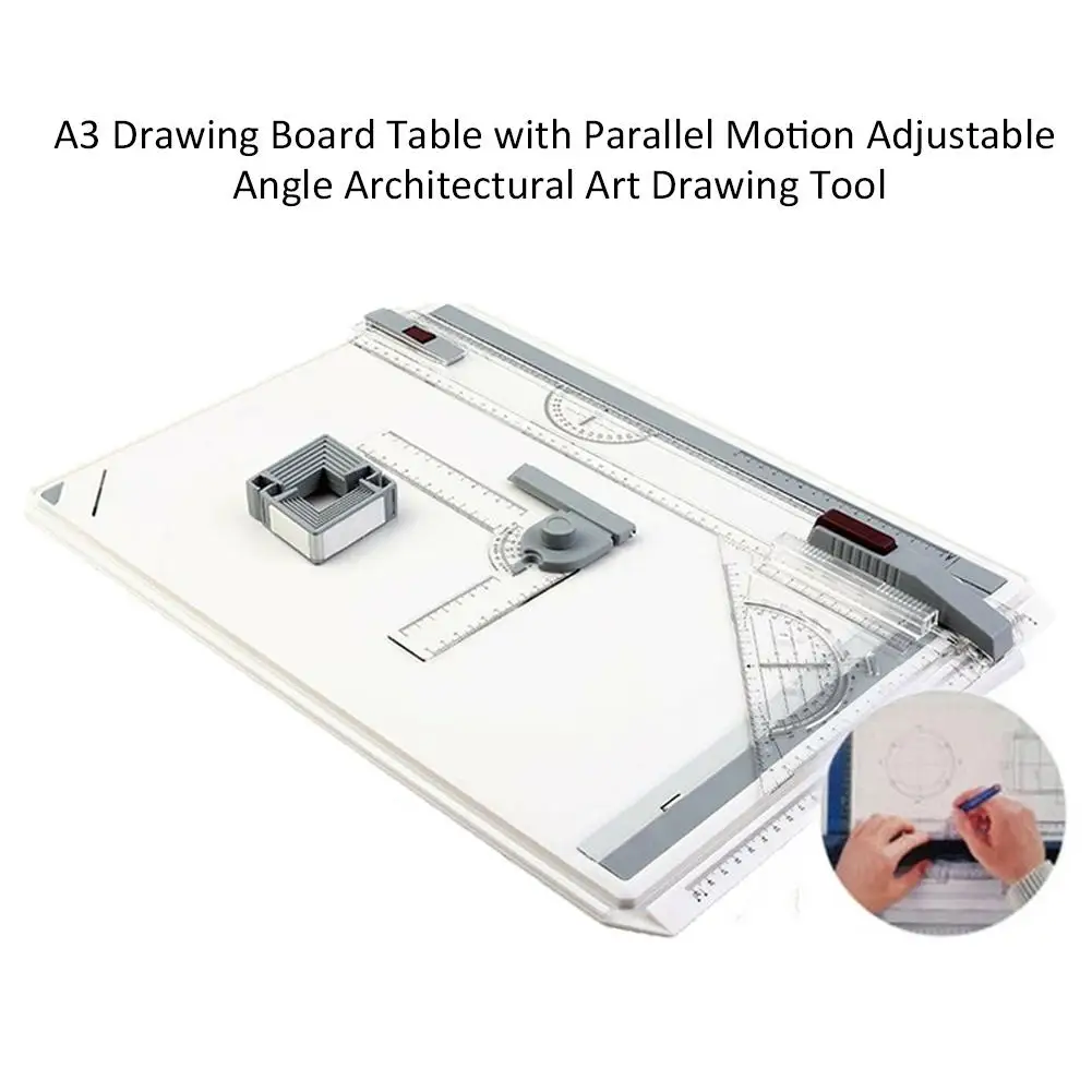 A3 Drafting Table Drawing Board, Drawing Tool Set with Parallel Motion,,  Clamps, Protractor, Support Legs, Sliding Ruler 