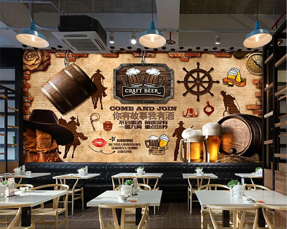 Beibehang Papel de Parede Personalizado Moderno Novo Retro Tijolo Cerveja Bar Restaurante Fundo Decoração