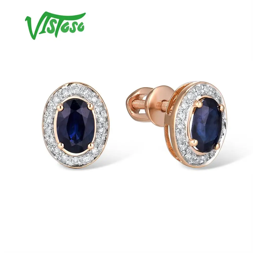 VISTOSO Pure 14K 585 роза/серьги из Белого Золота Шпилька для женщин Элегантный синий сапфир сверкающие бриллианты уникальные модные ювелирные изделия