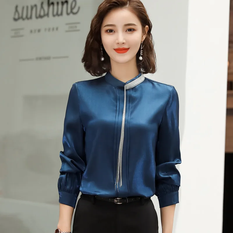 Navy blue Модная женская рубашка с длинными рукавами новая официальная Повседневная Свободная Женская одежда для офиса Плюс Размер Топы - Цвет: Navy blue
