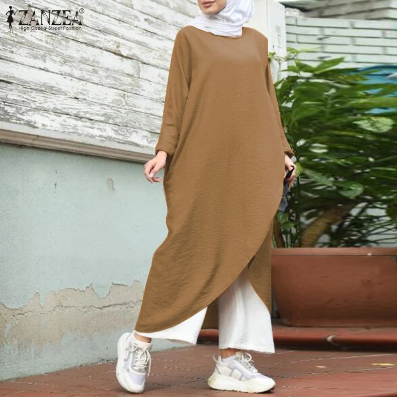 Retro Muslim Dress Womens Asymmetrical Sundress ZANZEA 2020 Casual Long Sleeve Maxi Vestidos Female O Neck Islamic Robe 5XL