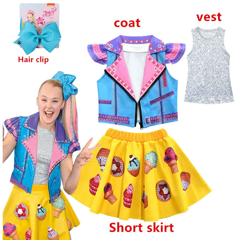 Jojo Siwa/Осенняя детская одежда для маленьких девочек; жилет; пальто+ желтая юбка с короткими рукавами; модный костюм для костюмированной вечеринки; комплекты одежды для девочек-школьников