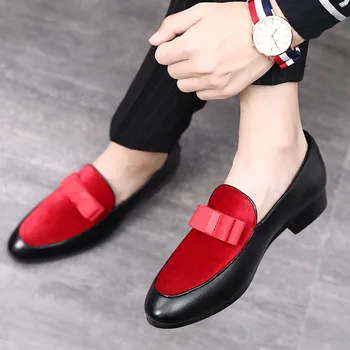 

Luxury Bowknot Dress Shoes Male Flats Loafers Black Patent Leather Red Suede Loafers Men Formal Wedding Shoes Men Formal Leather