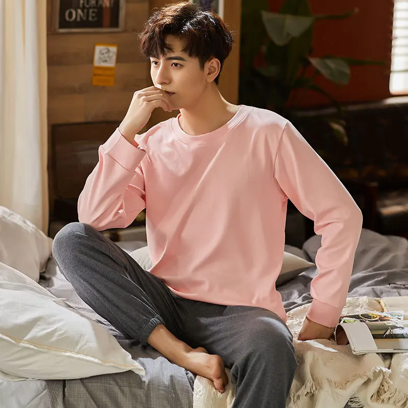 

Cotton Youth Men's Pajamas Spring and Autumn Long-Sleeved Korean-Style Thin Cotton Casual Homewear Set Autumn and Winter Models