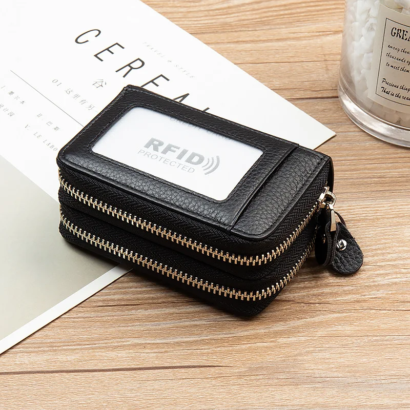 RFID Blocking Fashion Women Card Holder Genuine Leather Double Zipper Large Capacity Female Wallet Purse wallet card holder,card holder,credit card holder,card wallet,id card holder,id card case,passport holder