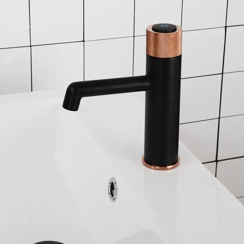 Matt Black+Rose Gold Knurling Press Handle Bathroom Basin Faucet Deck Mounted Hot And Cold Water Mixer Tap Tall Style and short