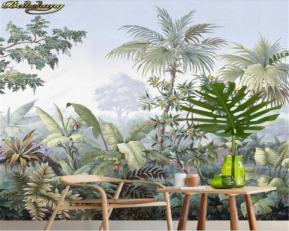 beibehang Custom 3d wallpaper mural european style hand painted idyllic rainforest plantain coconut tree mural porch background