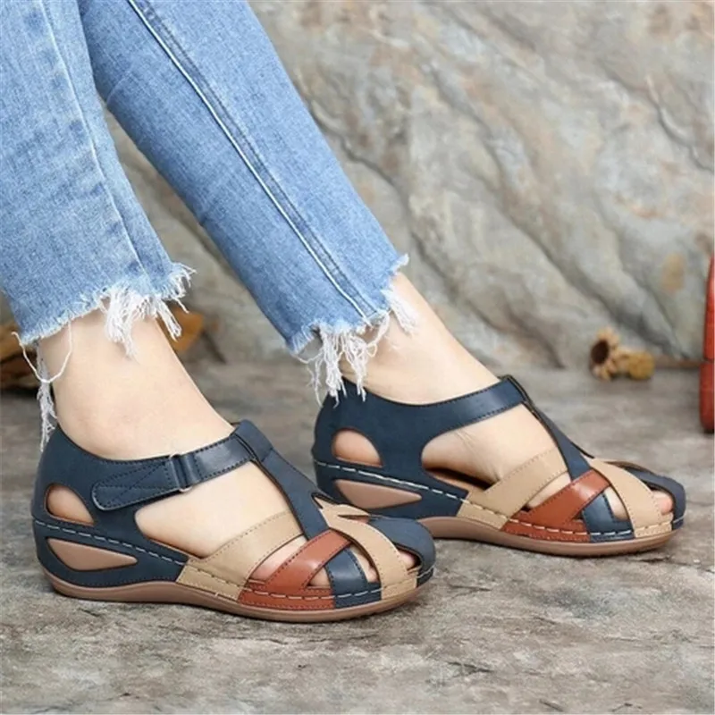 2021 New Women Plus Size Summer Sandals Round Head Wedges Sandals Casual Women Nonslip Sandals Hoop And Loop  Gladiator Shoes