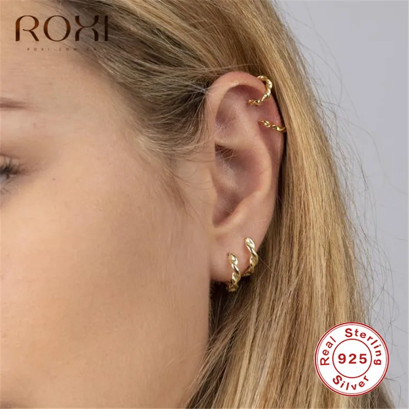 ROXI минималистичные 925 пробы серебряные витые серьги-гвоздики для женщин геометрические круглые обручи маленькие серьги спираль серьги в стиле пирсинга