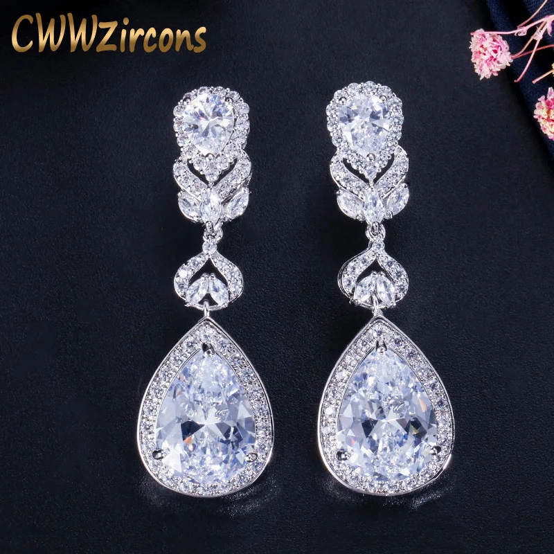 CWWZircons Elegant Water Drop Shaped Zirconia Crystal Bridal Lange Oorbellen Luxe Bruiloft