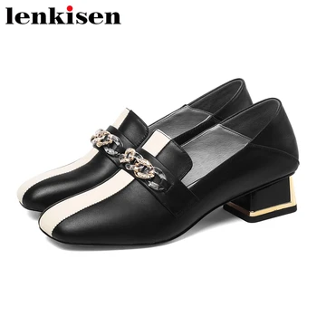 

Lenkisen high fashion pumps cow leather square toe med heel rhinestone chain mixed color casual big size classic shoes women L37