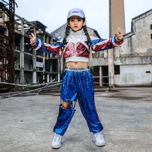 Новые танцевальные костюмы для девочек в стиле хип-хоп, джаз, детская свободная одежда с блестками для выступлений, детская одежда
