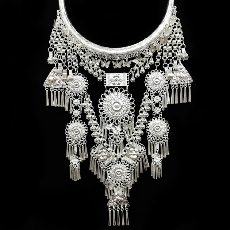 

National style exaggerated large collar female long necklace Miao silver women's jewelry stage performance bijuteria pusheen